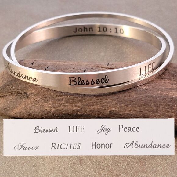 New Word Affirming Abundant Life Bracelet Silver Double Bangle Bracelet - Picture 1 of 9